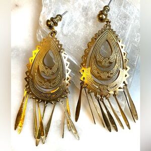 Vintage Boho Fringe Chandelier Earrings/ 70’s Goldtone Boho Chic Dangly Earrings